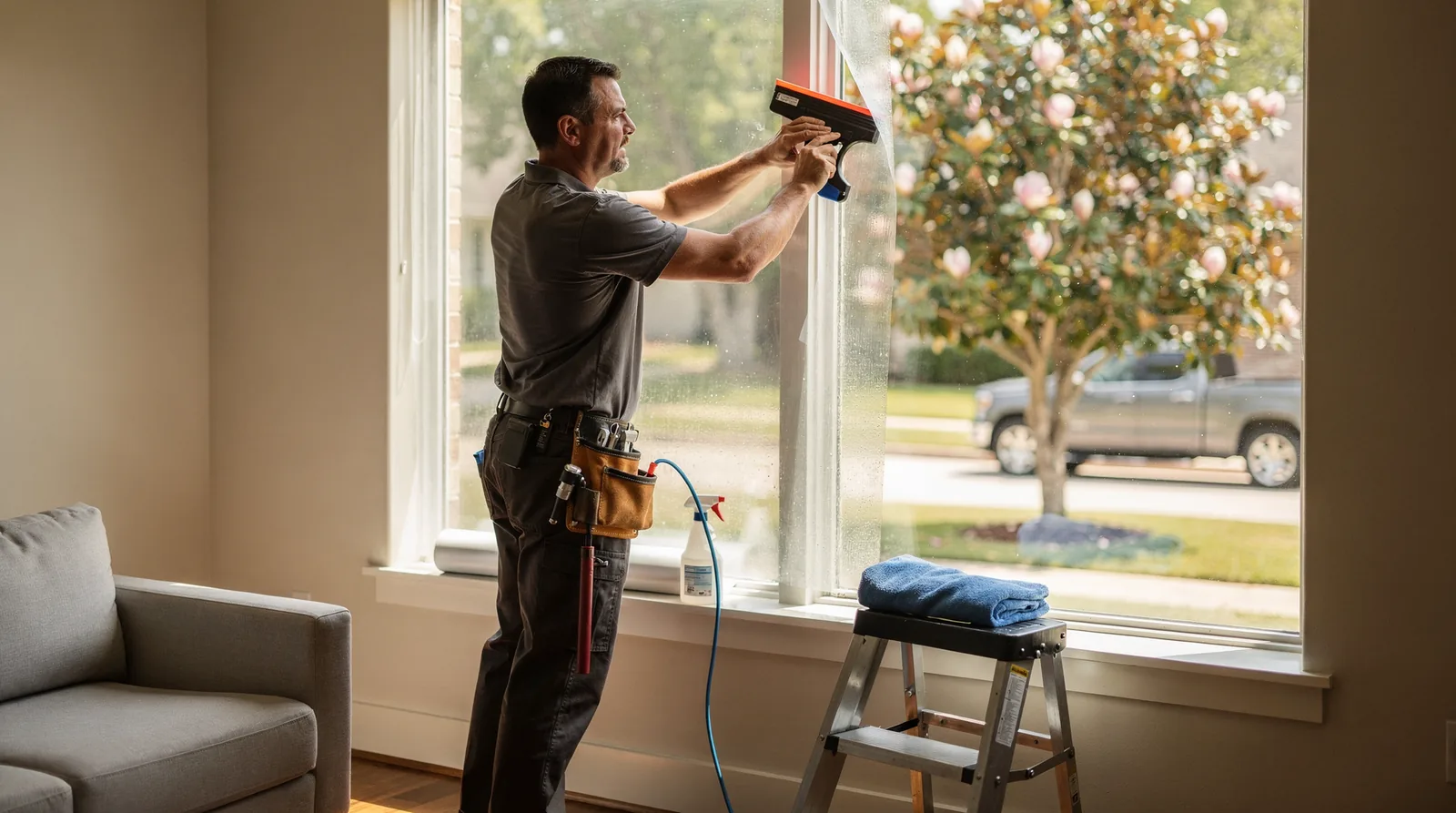 Illustration of an installer working at a home window