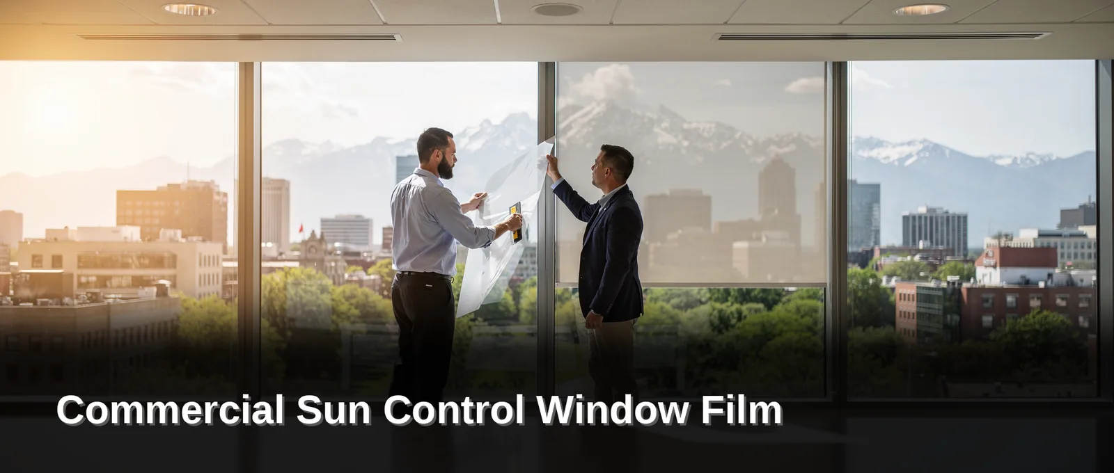 Illustration of commercial building glass with sun control film, with article title