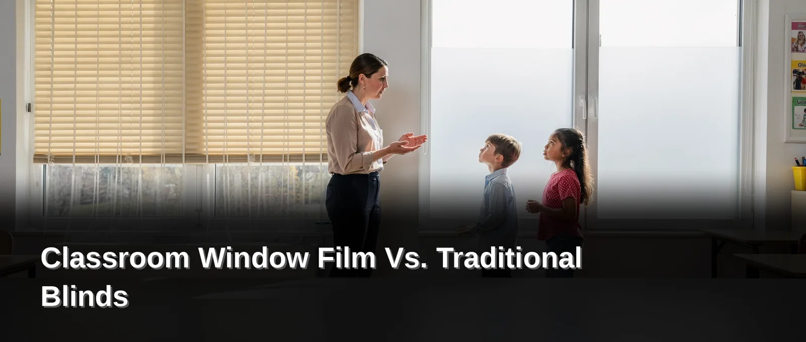 Illustration comparing classroom window film and blinds, with article title