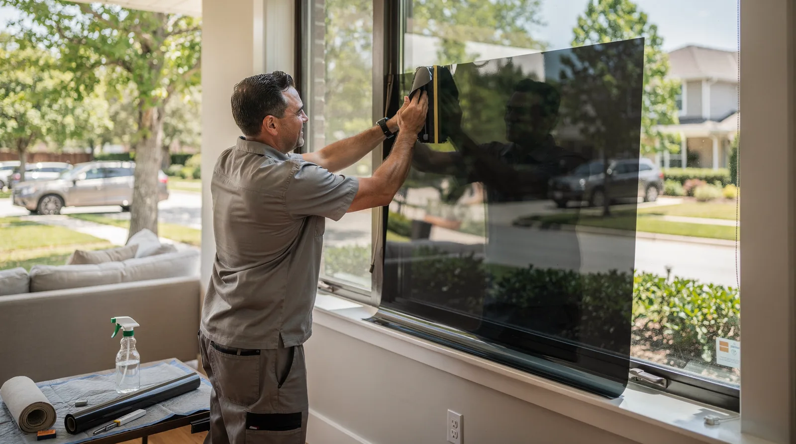 Illustration of window film being applied to a residential pane