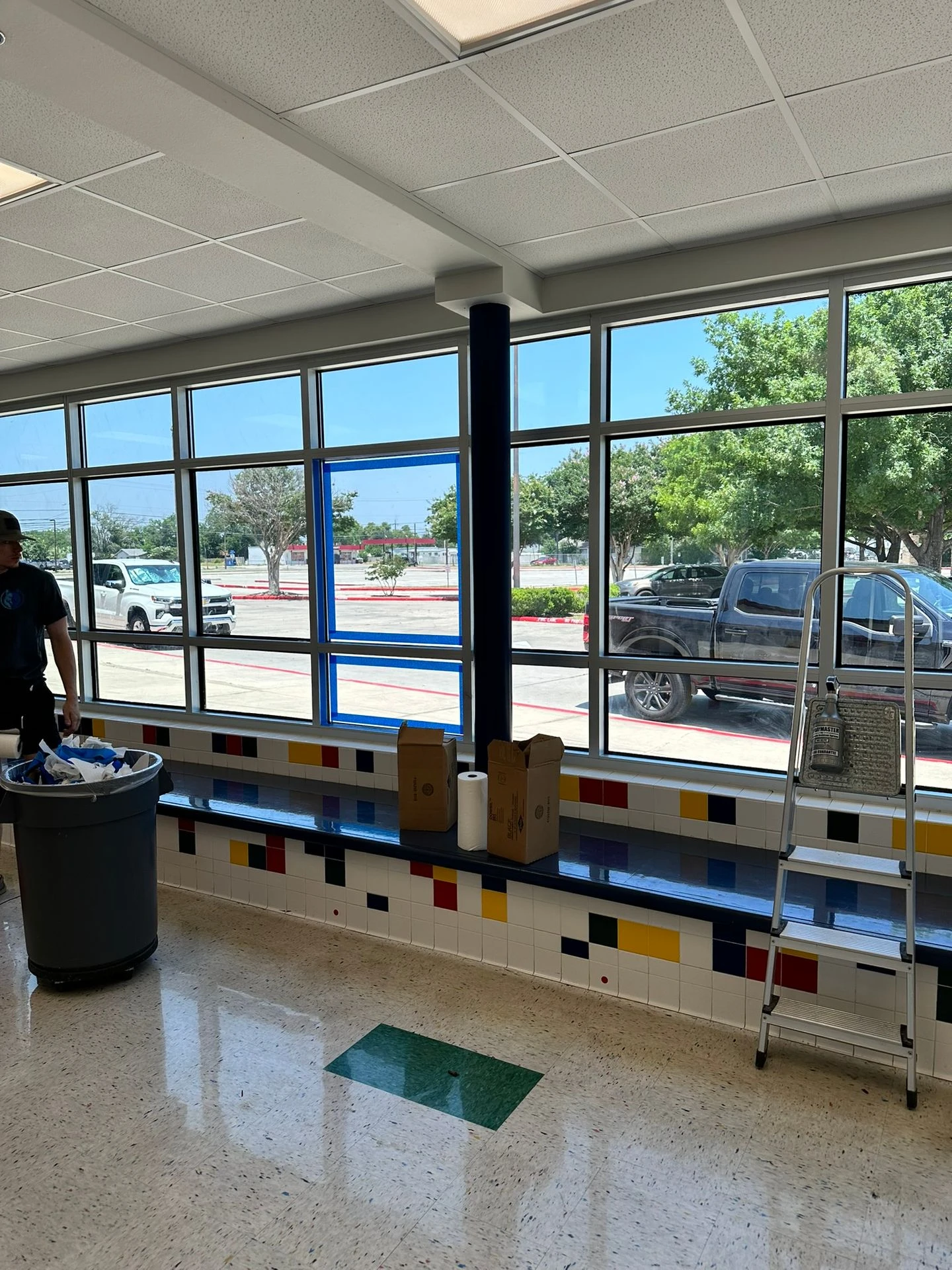 Classroom window wall with safety film